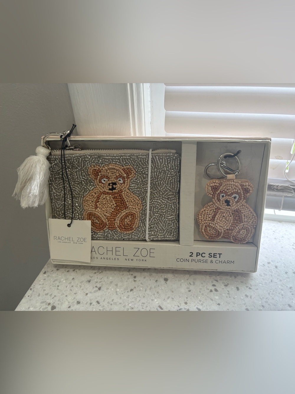 NIB Rachel Zoe Gray Beaded Teddy Coin Purse & Tan Teddy Charm Set